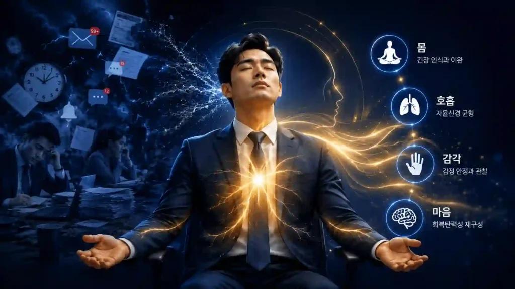기업 임원 및 리더 대상 스트레스 관리 교육을 상징하는 이미지. 업무 스트레스가 가득한 배경과 대비되는 평온한 상태의 리더가 묘사됨. 한의학 기반의 심신 통합 관점을 강조하기 위해 신체와 연결된 호흡, 감각, 회복탄력성 재구성 과정을 시각화함.