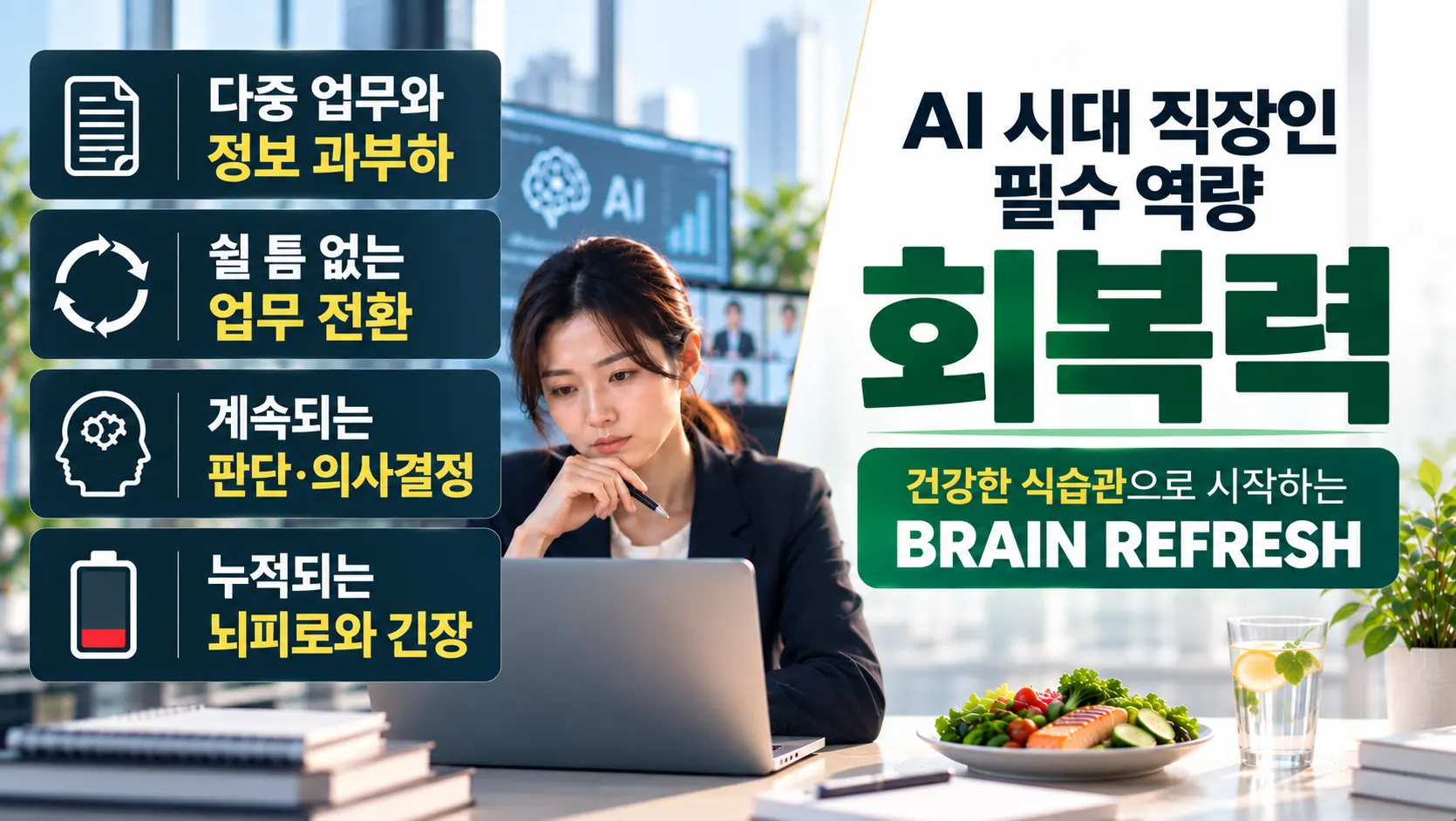 ai시대 직장인 필수 역량 회복력 메시지를 담은 포스터 : 직장인 건강한 식습관 실천, 브레인 리프레시
