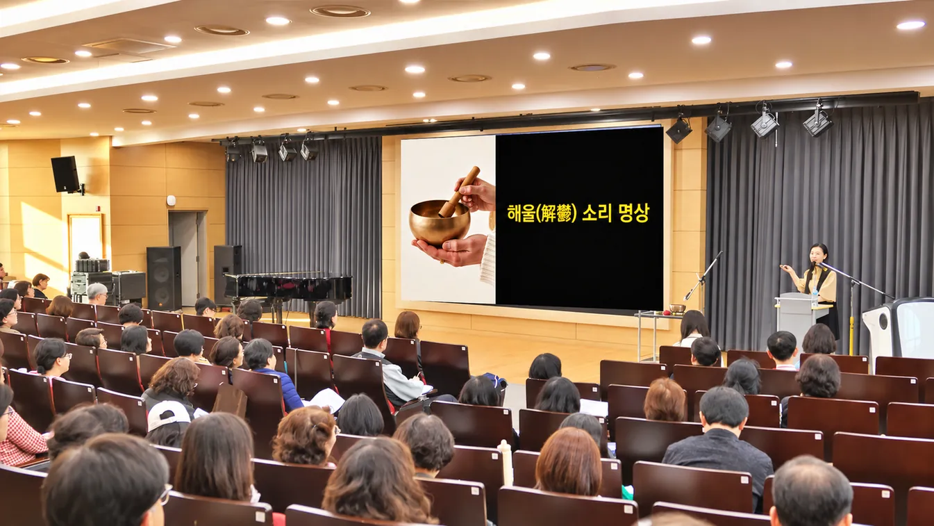강사가 식생활 관련 화면 앞에서 참가자들에게 설명하는 모습