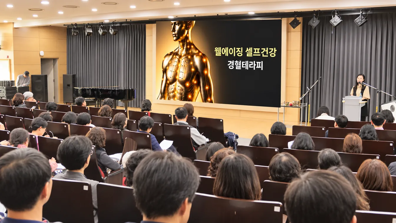 강사가 무대에서 건강관리 내용을 설명하는 모습